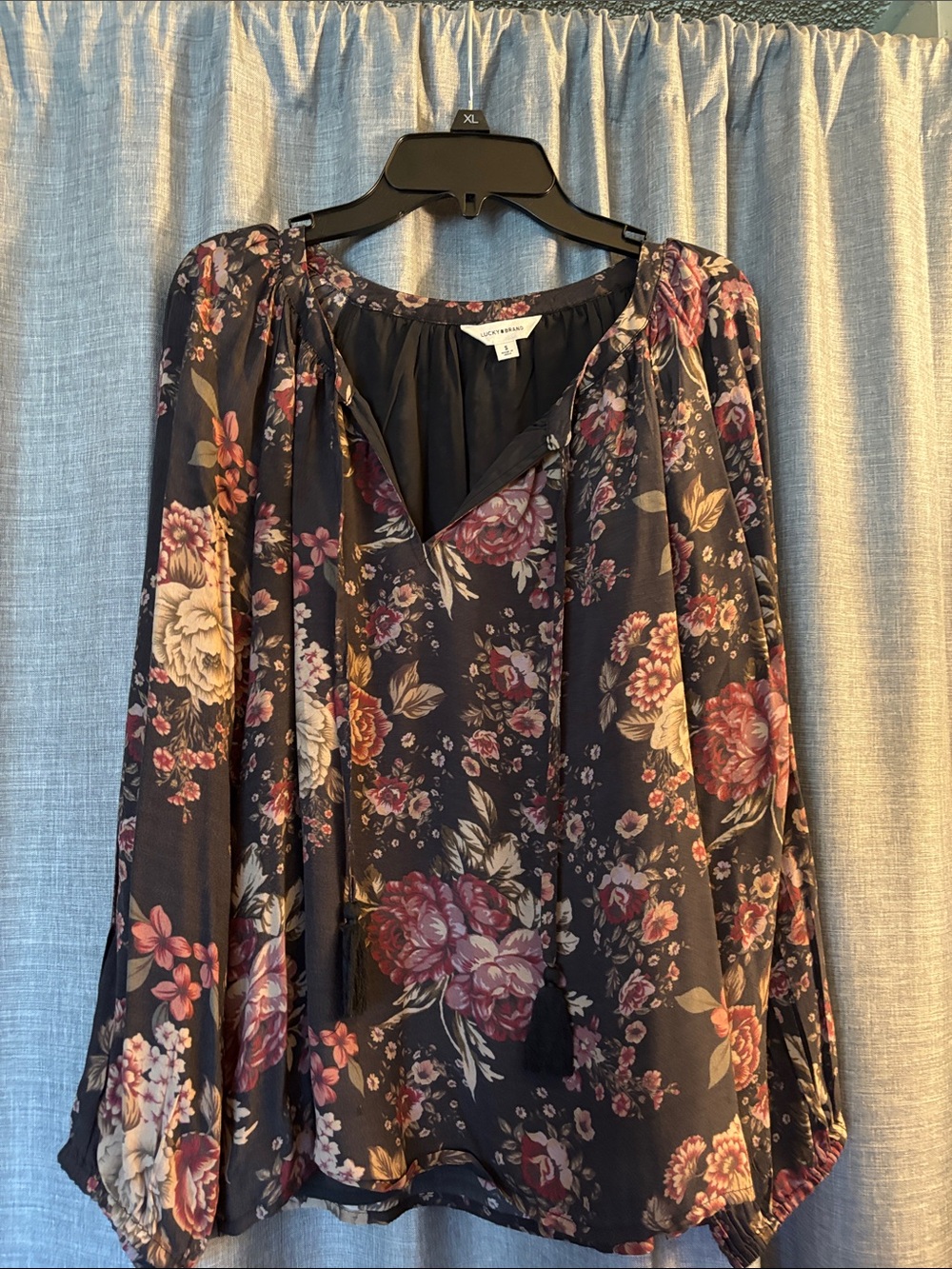 Long Sleeve Floral Peasant Blouse - Black with Pink & Cream Flowers